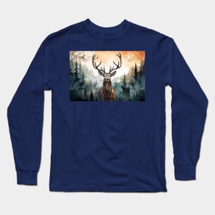 Misty boreal forest deer Long Sleeve T-Shirt